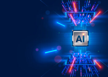 rendering of a computer processor with the letters AI written on the chip