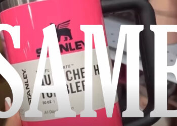 The word "Same" superimposed over a picture of a Stanley travel mug