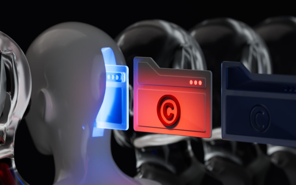 image of files moving into a robot head, one file is red and marked with a copyright symbol