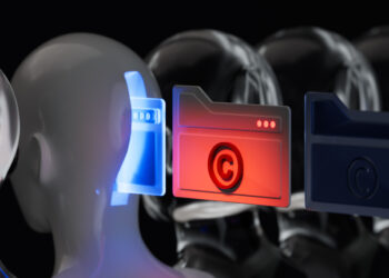 image of files moving into a robot head, one file is red and marked with a copyright symbol