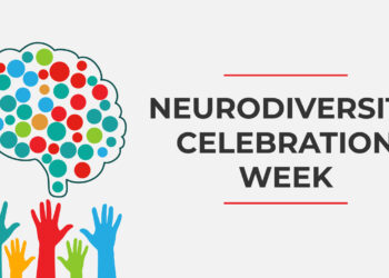 Banner for Neurodiversity Celebration Week, different colored hands reaching up to a brain filled with different colored dots
