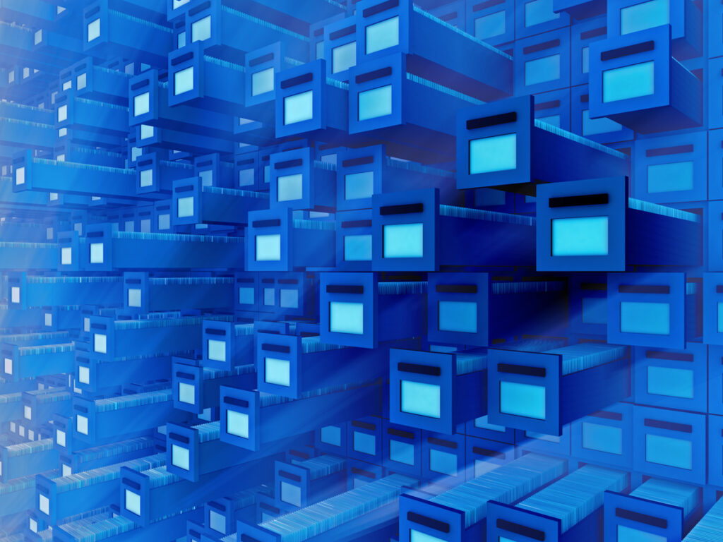 Digital 3D rendering of large array of filing cabinets filled with documents