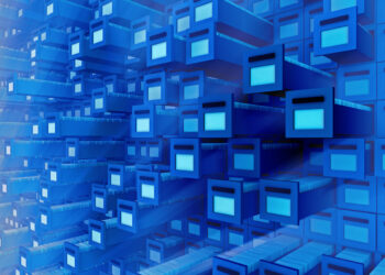 Digital 3D rendering of large array of filing cabinets filled with documents