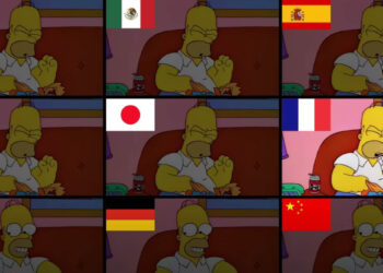 nine panels of Homer Simpson saying "D'oh!" in different languages with the flag of the country representing the language being spoken