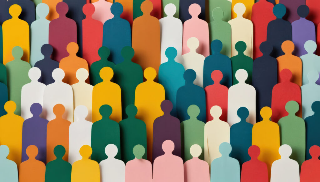 A purely decorative image with approximately 25 multi-colored paper cutouts of human profiles