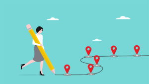 career path or journey to achieve success, success step to reach business goal or target, benchmark of success, businesswoman using pencil to draw workflow line with achievement location milestones