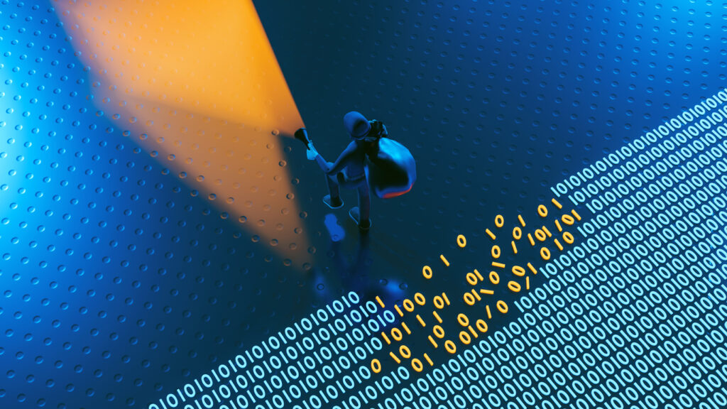 Concept of a thief or spy with a backpack getting away with a cyber crime. On the floor is scattered digits and binary code elements, hinting at digital or cybernetic themes. The overall ambiance is moody and dramatic, suggestive of a high-tech heist or espionage activity.