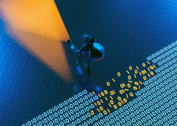 Concept of a thief or spy with a backpack getting away with a cyber crime. On the floor is scattered digits and binary code elements, hinting at digital or cybernetic themes. The overall ambiance is moody and dramatic, suggestive of a high-tech heist or espionage activity.