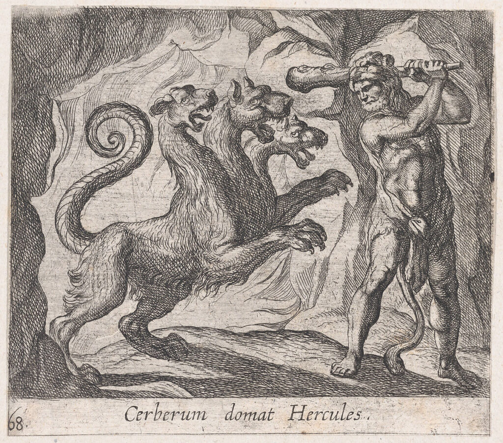 From The Met Museum:Title: Plate 68: Hercules and Cerberus (Cerberum domat Hercules), from Ovid's 'Metamorphoses' Artist: Antonio Tempesta (Italian, Florence 1555–1630 Rome) Date: 1606 Medium: Etching Dimensions: Sheet: 39 3/4 × 4 1/2 in. (101 × 11.5 cm) Classification: Prints Credit Line: The Elisha Whittelsey Collection, The Elisha Whittelsey Fund, 1951 Object Number: 51.501.3919