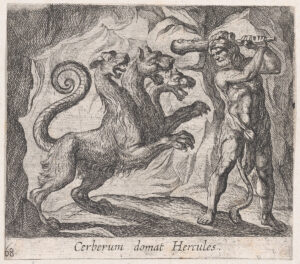 From The Met Museum: Title: Plate 68: Hercules and Cerberus (Cerberum domat Hercules), from Ovid's 'Metamorphoses' Artist: Antonio Tempesta (Italian, Florence 1555–1630 Rome) Date: 1606 Medium: Etching Dimensions: Sheet: 39 3/4 × 4 1/2 in. (101 × 11.5 cm) Classification: Prints Credit Line: The Elisha Whittelsey Collection, The Elisha Whittelsey Fund, 1951 Object Number: 51.501.3919