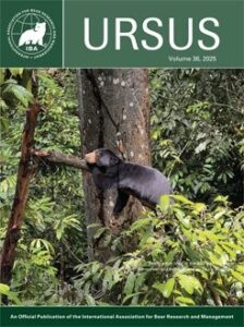Cover of Ursus, Volume 2025, Number 36E4, featuring a photograph of a black bear standing on a tree branch.