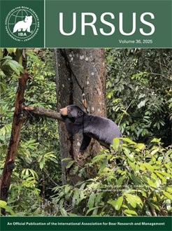 Cover of Ursus, Volume 2025, Number 36E4, featuring a photograph of a black bear standing on a tree branch.