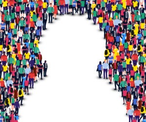 Decorative graphical depiction of a group of people wearing bright colors and standing in a formation that appears to be a human profile.