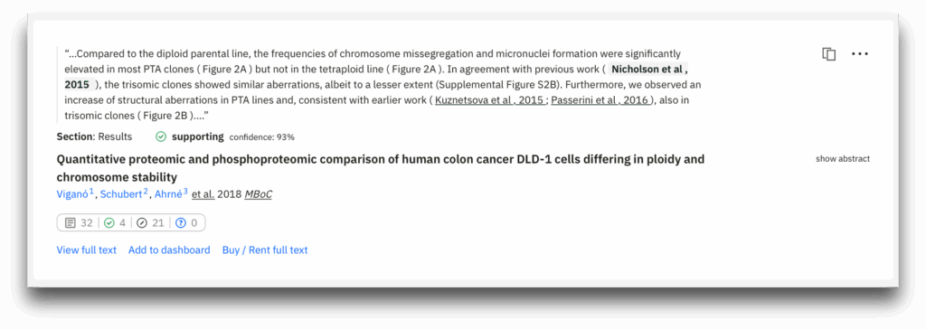 Screenshot of Scite.ai's Smart Citation, in-text citation statements from citing articles, showing where those statements appear in the document, and indicating whether the cited claim is supported or contrasted.