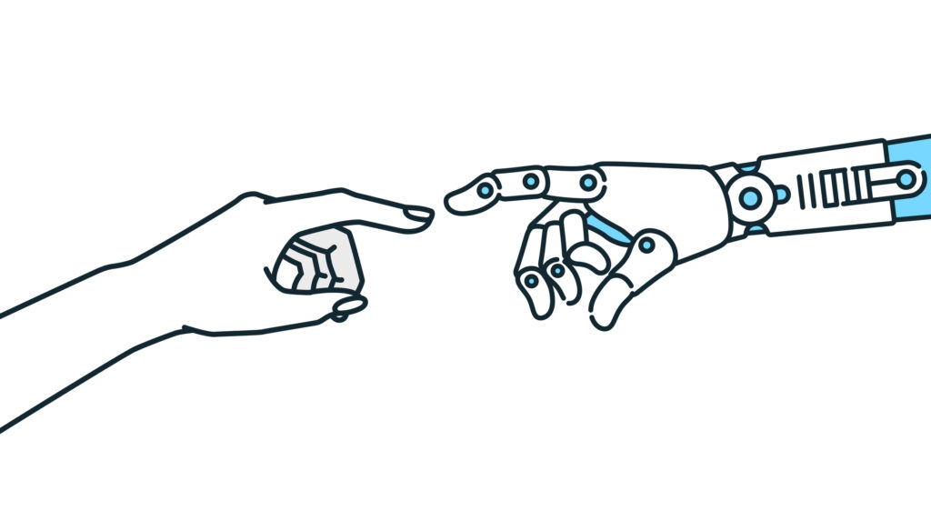 Stock cartoon-style image depicting a robotic hand and human hand touching index fingers. iStock illustration ID:1450243159 Upload date:December 19, 2022 Location:Japan