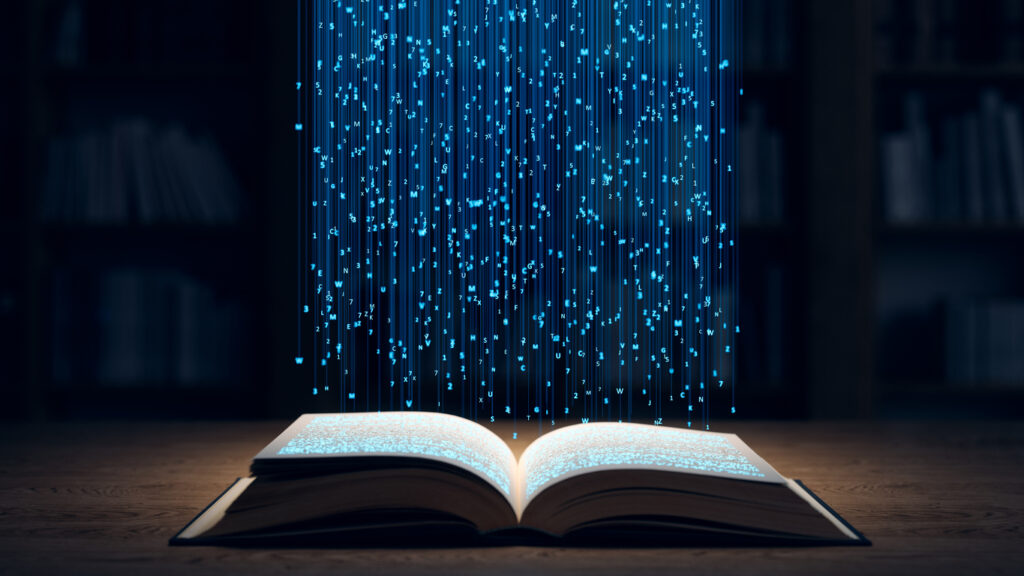 Open book exuding digital code