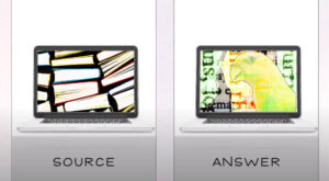 screenshot from video showing two monitors, one labeled "source" shows a picture of books, one labeled "answer" shows a picture of a bird