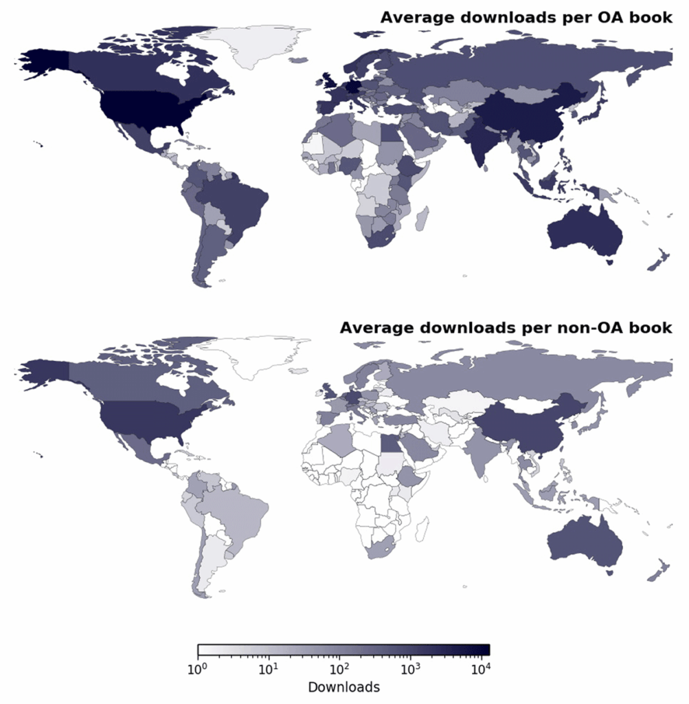 world maps showing frequency of OA book usage versus non-OA book usage