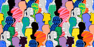 Graphical depiction of a diverse crowd of people, where a few dozen profiles are filled with different patterns and colors.