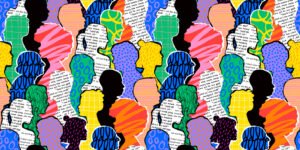 Collage showing Colorful crowd of diverse people