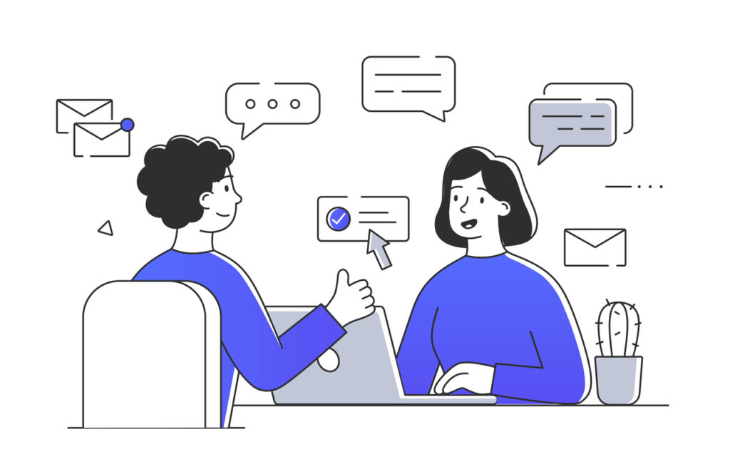 Cartoon of two people sitting across a desk talking with various sound bubbles above them