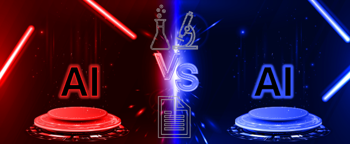 Neon-looking graphic in the style of Star Wars, where the words "AI vs AI" are illuminated. One half is red and the other half is blue, with sword-like "lightsabers" above each. The image is designed to suggest that artificial intelligence systems are in a good vs. evil battle with each other.
