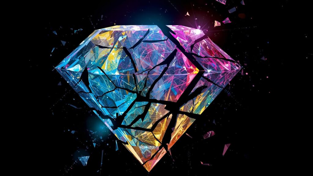 illustration of a shattered, multicolored diamond on a black background