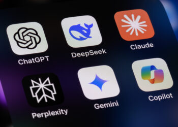 smartphone screen showing various AI apps: ChatGPT, DeepSeek, Anthropic Claude, Perplexity, Google Gemini, Microsoft Copilot.