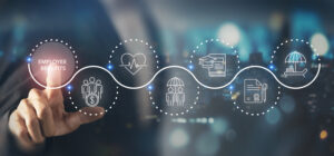 Employee benefits concept. Indirect and non-cash compensation paid to employees offered to attract and retain employees. Fringe benefits for employee engagement. Insurance, paid vacation, office perks