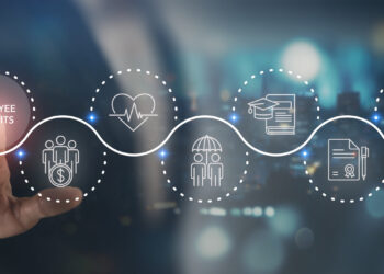 Employee benefits concept. Indirect and non-cash compensation paid to employees offered to attract and retain employees. Fringe benefits for employee engagement. Insurance, paid vacation, office perks