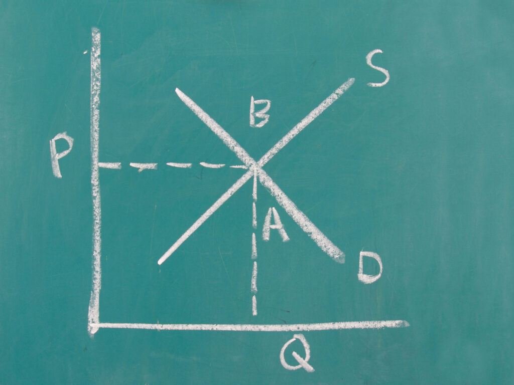 supply and demand graph drawn on a chalkboard