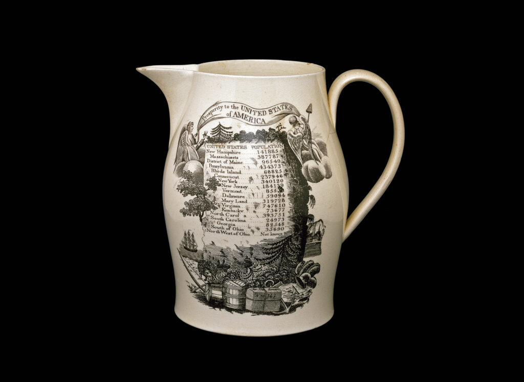 white ceramic jug with black illustration decorating it, commemorating the first US census in 1790