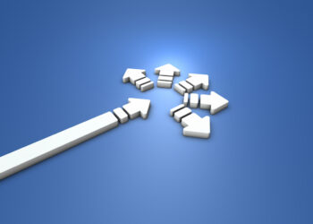 white arrow on a black background, at the arrow's end are several small arrows pointing off in different directions