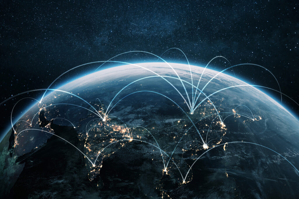 Night planet earth Asian countries with light lines of communication and connection. Business and finance, concept. Global communications system and the World Wide Web. Technologies and communication