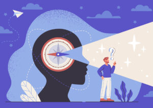 Intuition or future vision concept. Male entrepreneur trusts inner feelings and sensations and makes decisions unconsciously. Self knowledge for business. Cartoon modern flat vector illustration