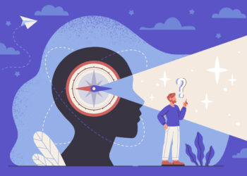 Intuition or future vision concept. Male entrepreneur trusts inner feelings and sensations and makes decisions unconsciously. Self knowledge for business. Cartoon modern flat vector illustration