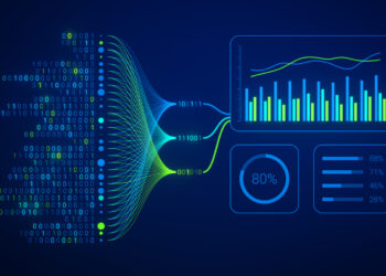 Data analytics and insights powered by big data and artificial intelligence technologies. Data mining, filtering, sorting, clustering and computing by AI for business analytics dashboard with charts.