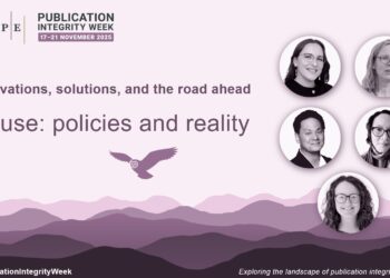 Publication Integrity Week 2025 promotional slide featuring the session discussed in this post, AI Use: policies and realities, featuring pictures of the speakers and a drawing of an owl over a mountain range.