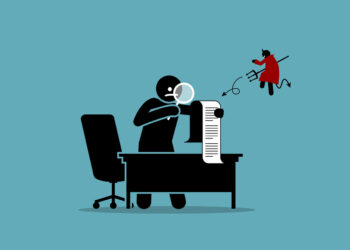 Drawing showing a man checking a document or agreement with a magnifying glass in details while a cartoon devil hovers above it