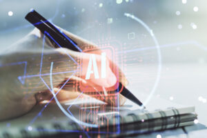 hand writing in notebook with pen with an overlay of AI related graphics