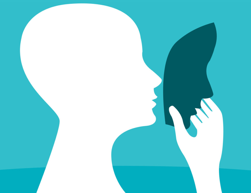 Metaphoric illustration about imposter syndrome. Silhouette of a person's head removing a mask.
