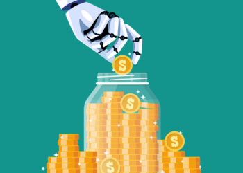 Robot hand and saving coins in glass jar. Artificial intelligence. Vector illustration