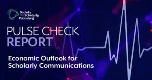 Marketing banner promoting the pulse check report from the Society for Scholarly Publishing about the Economic Outlook of the scholarly publishing industry