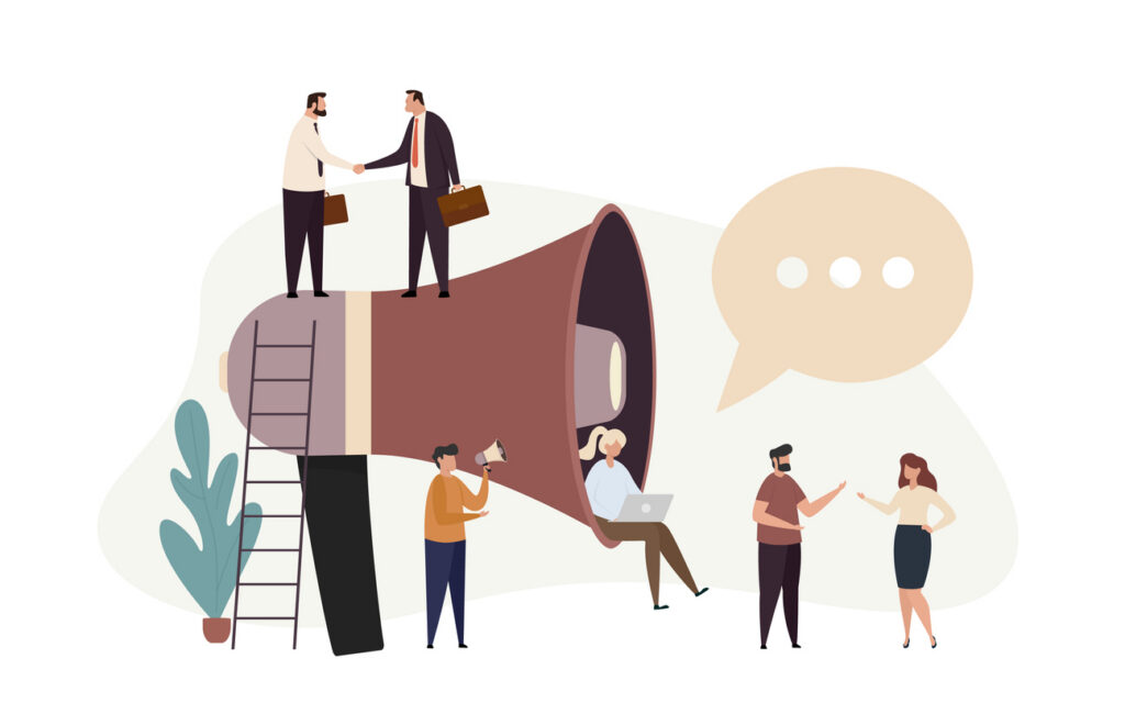 Public relations and business promotion concept. Advertisement marketing. Social media promotion. Team with huge megaphone. Flat vector illustration isolated on white background.