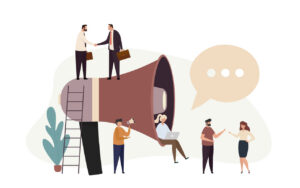 Public relations and business promotion concept. Advertisement marketing. Social media promotion. Team with huge megaphone. Flat vector illustration isolated on white background.