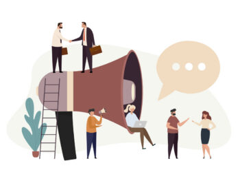 Public relations and business promotion concept. Advertisement marketing. Social media promotion. Team with huge megaphone. Flat vector illustration isolated on white background.