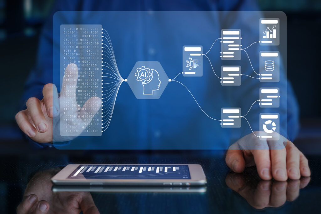 mockup of a virtual screen with a human manipulating digital objects in an AI workflow