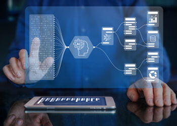 mockup of a virtual screen with a human manipulating digital objects in an AI workflow