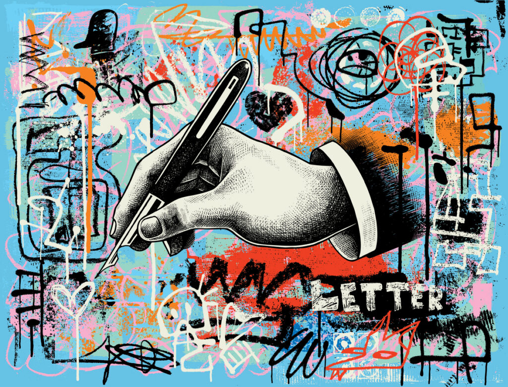 Illustration of a hand holding a pen, writing, against a chaotic background