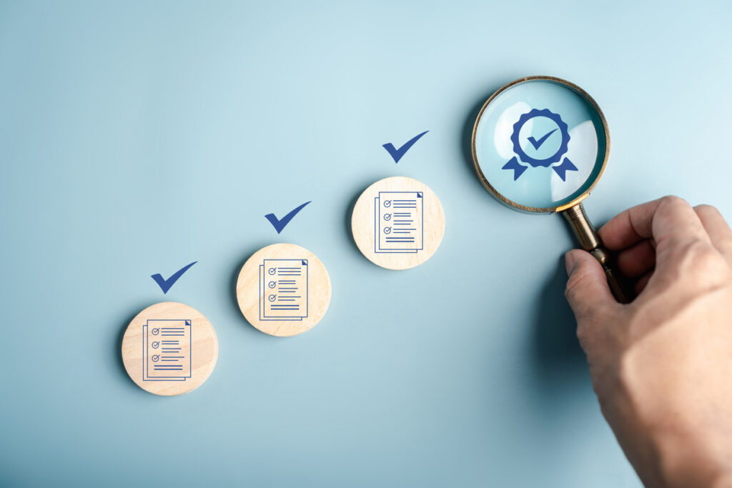 Certificate approval process with document checklist, magnifying focus quality assurance, verification system, compliance audit, and standard validation.